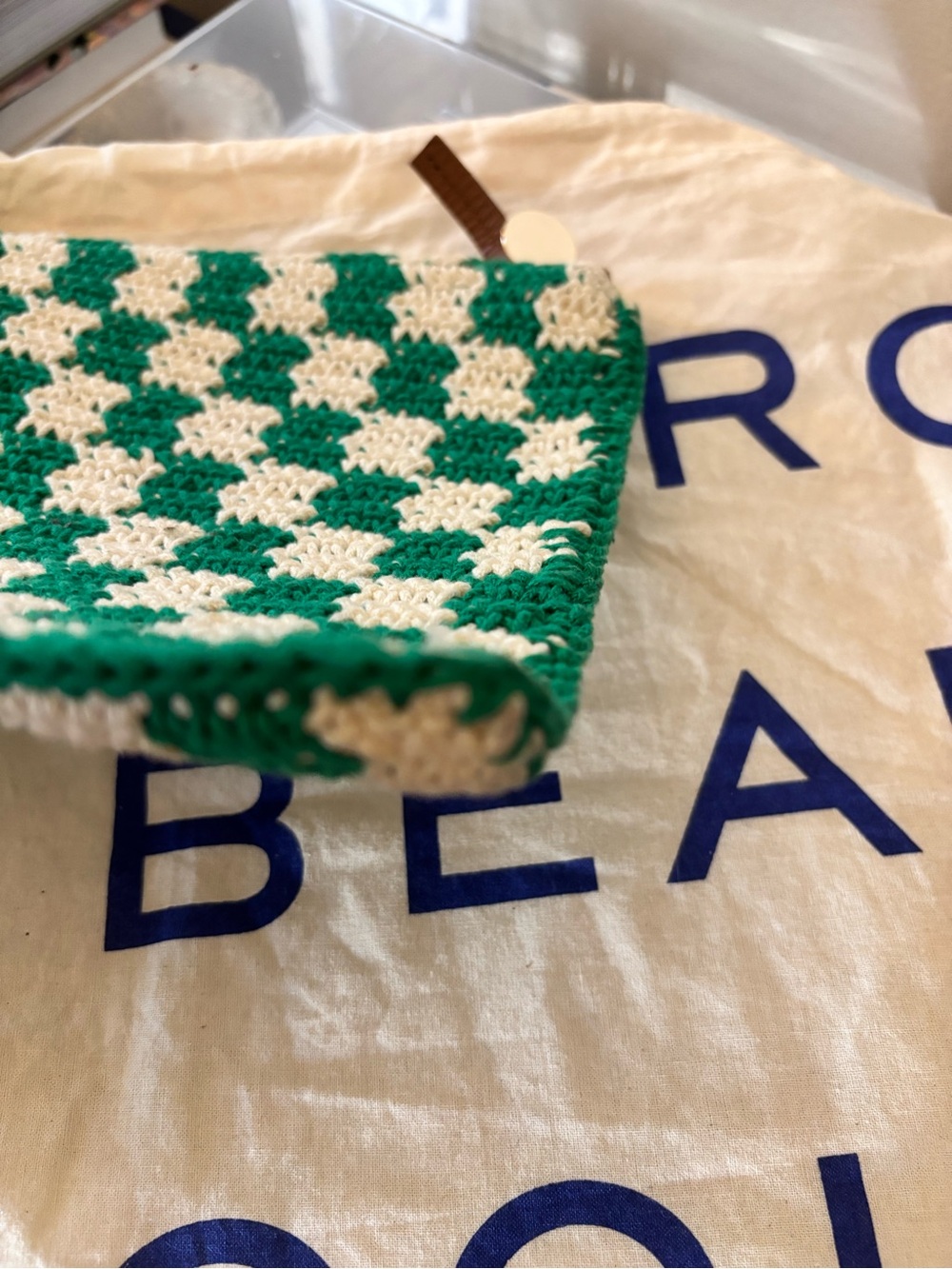 Clare V. Flat Clutch with Tabs in Sea Green & Cream Mini Crochet Checker - EUC - Picture 6 of 13